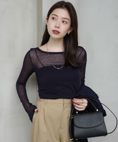 anuans（アニュアンス）の「シアーコンパクトロングTシャツ（Tシャツ/カットソー・レディース・ホワイト/ベージュ/グレー/ネイビー/ブラック/レッド/ミント/サックスブルー・F）」の7枚目の写真