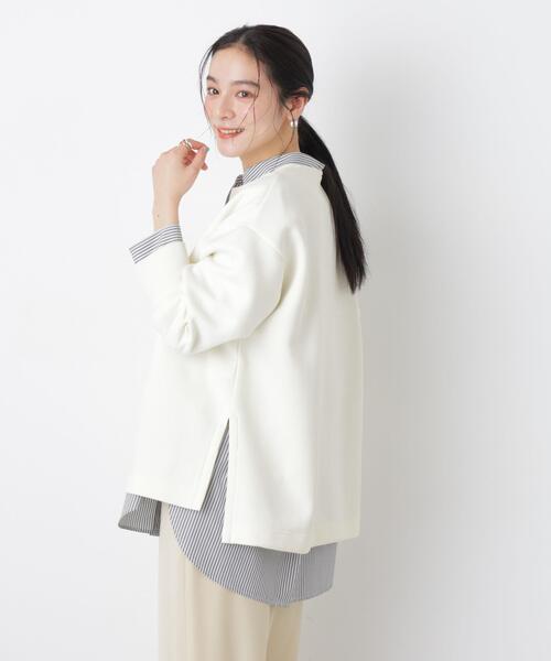 NANO universe(ナノユニバース)の「ダンボールカットキーネックスリットトップス(Tシャツ/カットソー・レディース・オフホワイト/ブラック・FREE)」の4枚目の写真