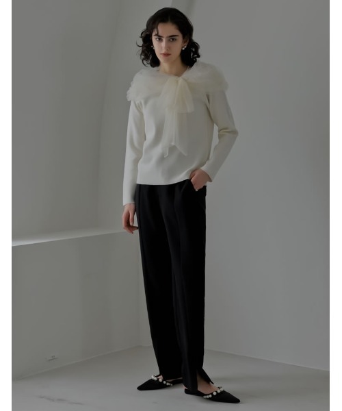 Re:EDIT（リエディ）の「[2026S/S COLLECTION][MEISM by Re:EDIT][低身長/高身長サイズ有]ダブルクロススリットテーパードパンツ（スラックス・レディース・ホワイト/ブラック・LARGE/TALL/MEDIUM/SHORT）」の6枚目の写真