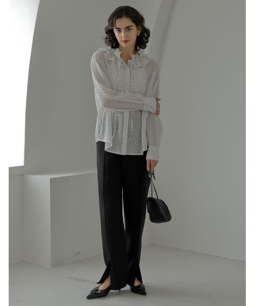 Re:EDIT（リエディ）の「[2026S/S COLLECTION][MEISM by Re:EDIT][低身長/高身長サイズ有]ダブルクロススリットテーパードパンツ（スラックス・レディース・ホワイト/ブラック・LARGE/TALL/MEDIUM/SHORT）」の7枚目の写真