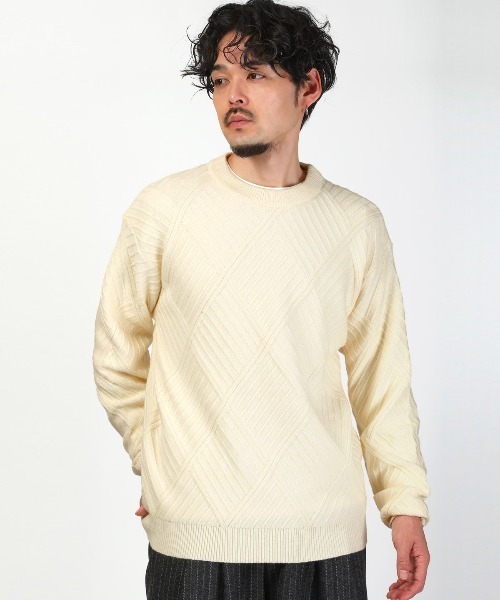 LUXSTYLE(ラグスタイル)の「ダイヤモンドパターンジャガードニット(ニット/セーター・メンズ・ベージュ/ブラック/ホワイト・L/M)」の4枚目の写真