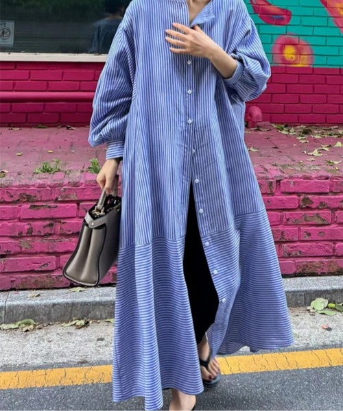 LUCPY（ラクピー）の「ストライプ 切替シャツワンピース（ワンピース・レディース・グレー/ブルー・XX-LARGE/X-LARGE/LARGE/MEDIUM）」の4枚目の写真