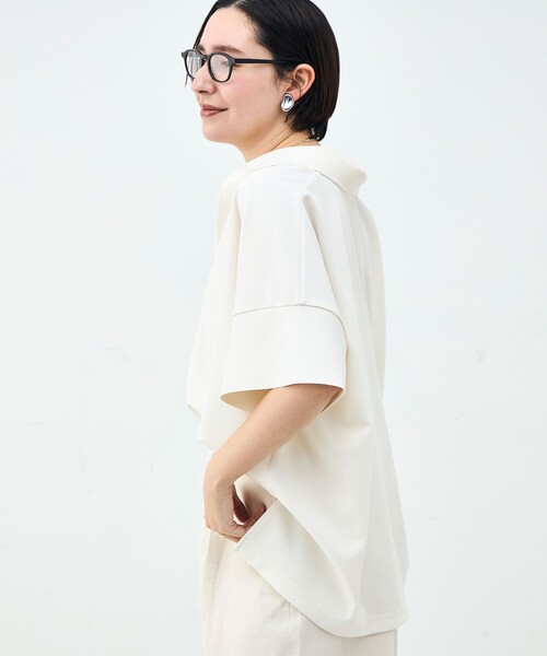 Rie Miller（リエミラー）の「ウォッシャブルポロ襟ハーフスリーブジョーゼットダンボール（ポロシャツ・レディース・ブラック/オフホワイト・38）」の10枚目の写真