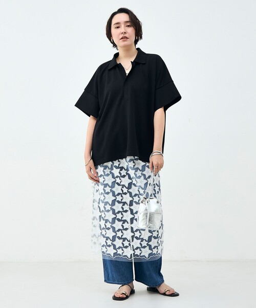 Rie Miller（リエミラー）の「ウォッシャブルポロ襟ハーフスリーブジョーゼットダンボール（ポロシャツ・レディース・ブラック/オフホワイト・38）」の12枚目の写真