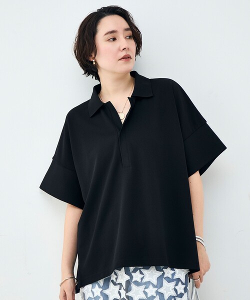 Rie Miller（リエミラー）の「ウォッシャブルポロ襟ハーフスリーブジョーゼットダンボール（ポロシャツ・レディース・ブラック/オフホワイト・38）」の17枚目の写真