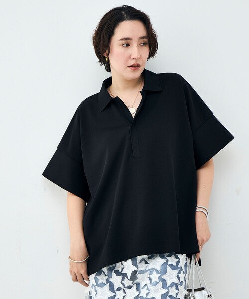 Rie Miller（リエミラー）の「ウォッシャブルポロ襟ハーフスリーブジョーゼットダンボール（ポロシャツ・レディース・ブラック/オフホワイト・38）」の18枚目の写真