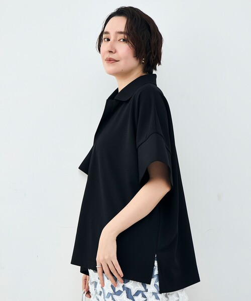 Rie Miller（リエミラー）の「ウォッシャブルポロ襟ハーフスリーブジョーゼットダンボール（ポロシャツ・レディース・ブラック/オフホワイト・38）」の19枚目の写真