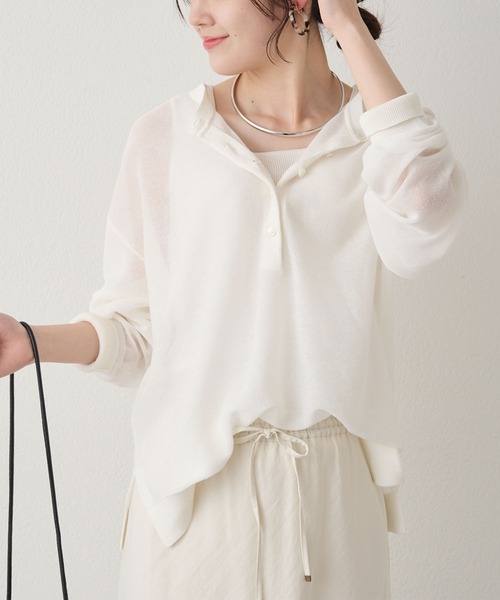 PUAL CE CIN（ピュアルセシン）の「透かし編みロゴジャガード2WAYプルオーバー（ニット/セーター・レディース・ベージュ/ネイビー/オフホワイト・FREE）」の4枚目の写真