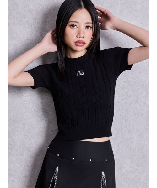 GYDA(ジェイダ)の「Symmetry GYDAケーブルニットトップス(Tシャツ/カットソー・レディース・オフホワイト/ブラック・FREE)」の1枚目の写真