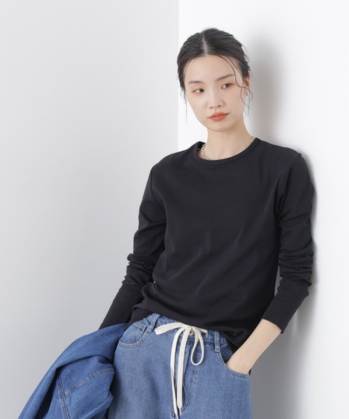 NANO universe(ナノユニバース)の「Repur加工 スムースシルケットロングスリーブトップス(Tシャツ/カットソー・レディース・ホワイト/ブラック/ベージュ・FREE)」の2枚目の写真