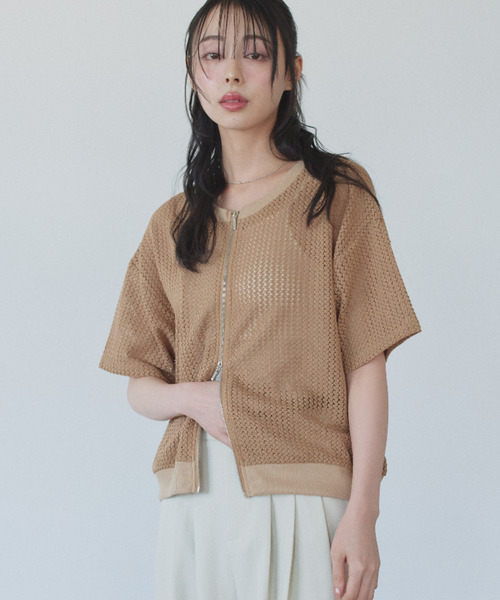 Eclat one(エクラワン)の「【Eclat one】メッシュ ダブルジップ 半袖 クルーネック ブルゾン ◎(その他トップス・レディース・モカ/ブラック/アイボリー・M)」の8枚目の写真