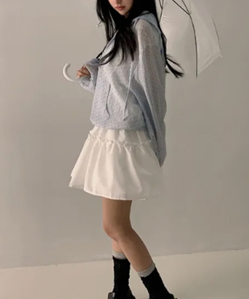 VIVID LADY(ビビッドレディー)の「ドット フリルフード ライトジップジャケット(ブルゾン・レディース・ライトブルー/アイボリー・FREE)」の14枚目の写真
