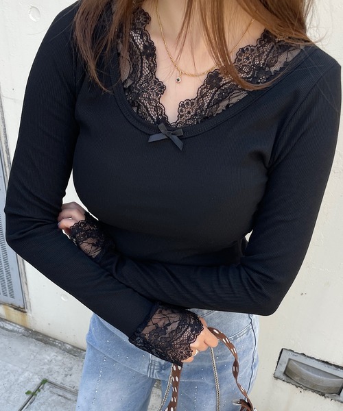 ROGER AND RAW（ロジャーアンドロウ）の「[カップ付き] レース切替 リブ長袖トップス（Tシャツ/カットソー・レディース・ホワイト/グレー/ブラック・FREE）」の20枚目の写真