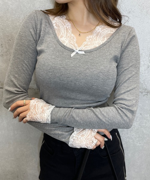ROGER AND RAW（ロジャーアンドロウ）の「[カップ付き] レース切替 リブ長袖トップス（Tシャツ/カットソー・レディース・ホワイト/グレー/ブラック・FREE）」の18枚目の写真