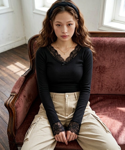 ROGER AND RAW（ロジャーアンドロウ）の「[カップ付き] レース切替 リブ長袖トップス（Tシャツ/カットソー・レディース・ホワイト/グレー/ブラック・FREE）」の5枚目の写真