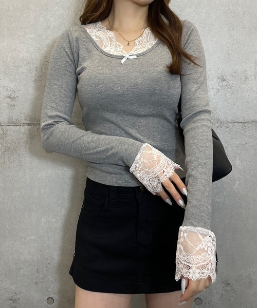 ROGER AND RAW（ロジャーアンドロウ）の「[カップ付き] レース切替 リブ長袖トップス（Tシャツ/カットソー・レディース・ホワイト/グレー/ブラック・FREE）」の17枚目の写真