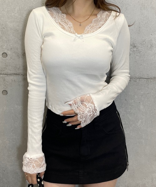 ROGER AND RAW（ロジャーアンドロウ）の「[カップ付き] レース切替 リブ長袖トップス（Tシャツ/カットソー・レディース・ホワイト/グレー/ブラック・FREE）」の12枚目の写真