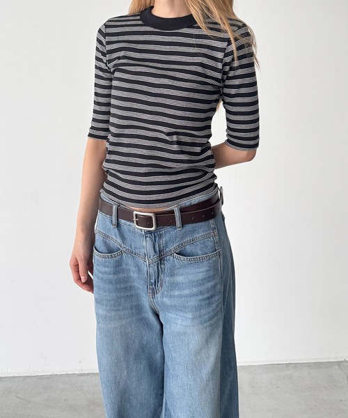 CANAL JEAN(キャナルジーン)の「Miller 配色パネルリブボーダー5分袖Tシャツ(Tシャツ/カットソー・レディース・ブラック系その他/ネイビー系/ブラウン系その他・ONE SIZE)」の2枚目の写真