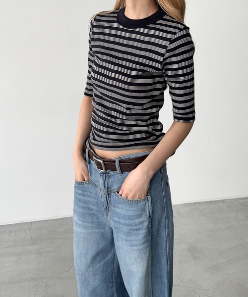 CANAL JEAN(キャナルジーン)の「Miller 配色パネルリブボーダー5分袖Tシャツ(Tシャツ/カットソー・レディース・ブラック系その他/ネイビー系/ブラウン系その他・ONE SIZE)」の7枚目の写真