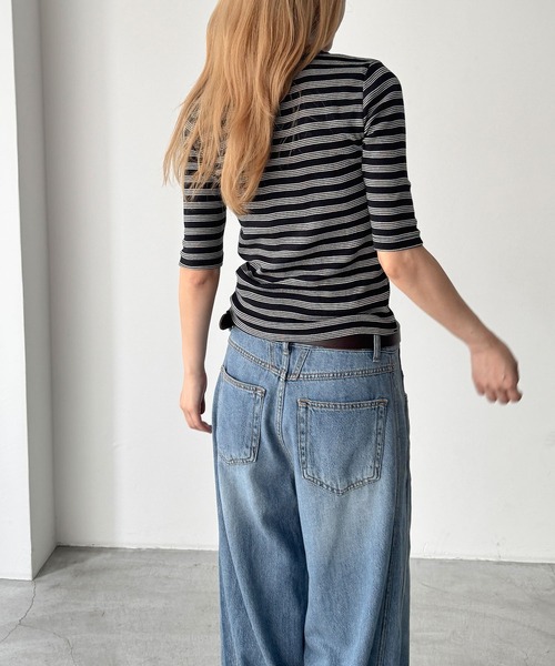 CANAL JEAN(キャナルジーン)の「Miller 配色パネルリブボーダー5分袖Tシャツ(Tシャツ/カットソー・レディース・ブラック系その他/ネイビー系/ブラウン系その他・ONE SIZE)」の8枚目の写真