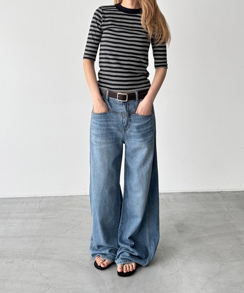 CANAL JEAN(キャナルジーン)の「Miller 配色パネルリブボーダー5分袖Tシャツ(Tシャツ/カットソー・レディース・ブラック系その他/ネイビー系/ブラウン系その他・ONE SIZE)」の9枚目の写真