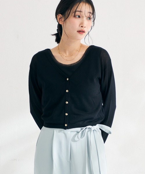 MISCH MASCH（ミッシュマッシュ）の「2026春夏新作 ラメシアーVネッククロップドカーディガン（カーディガン/ボレロ・レディース・ホワイト/グリーン/ブラック/グレー・ﾌﾘ-）」の14枚目の写真