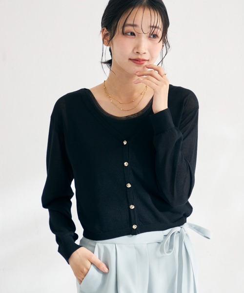 MISCH MASCH（ミッシュマッシュ）の「2026春夏新作 ラメシアーVネッククロップドカーディガン（カーディガン/ボレロ・レディース・ホワイト/グリーン/ブラック/グレー・ﾌﾘ-）」の12枚目の写真