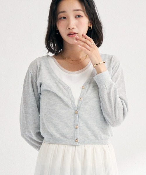 MISCH MASCH（ミッシュマッシュ）の「2026春夏新作 ラメシアーVネッククロップドカーディガン（カーディガン/ボレロ・レディース・ホワイト/グリーン/ブラック/グレー・ﾌﾘ-）」の6枚目の写真
