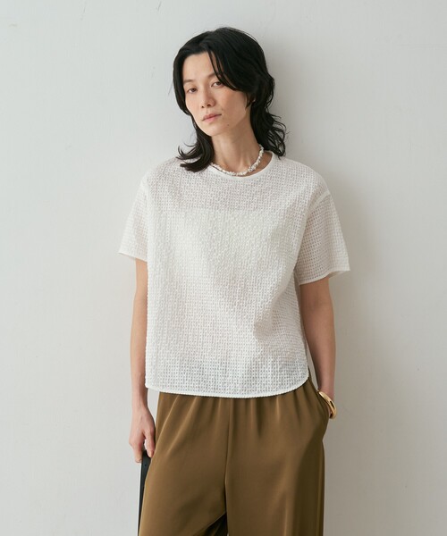 qualite(カリテ)の「【セットアップ対応】シアーギンガムブラウス 夏服 きれいめTシャツ きれいめカジュアル(Tシャツ/カットソー・レディース・ホワイト/ネイビー/ブラウン・フリー)」の20枚目の写真