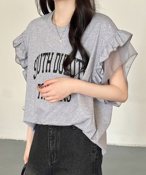 DAY CLOSET(デイ クローゼット)の「【接触冷感/脇見せ防止】ひんやり冷たい 半袖 シアー ダブル フリル カレッジ風 英字ロゴ Tシャツ レディース(Tシャツ/カットソー・レディース・グレイッシュベージュ/アイボリー/ブラック/グレー・L/M)」の21枚目の写真