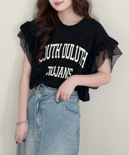DAY CLOSET(デイ クローゼット)の「【接触冷感/脇見せ防止】ひんやり冷たい 半袖 シアー ダブル フリル カレッジ風 英字ロゴ Tシャツ レディース(Tシャツ/カットソー・レディース・グレイッシュベージュ/アイボリー/ブラック/グレー・L/M)」の13枚目の写真