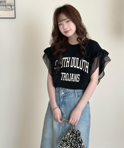 DAY CLOSET(デイ クローゼット)の「【接触冷感/脇見せ防止】ひんやり冷たい 半袖 シアー ダブル フリル カレッジ風 英字ロゴ Tシャツ レディース(Tシャツ/カットソー・レディース・グレイッシュベージュ/アイボリー/ブラック/グレー・L/M)」の14枚目の写真