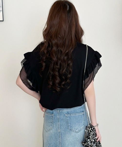 DAY CLOSET(デイ クローゼット)の「【接触冷感/脇見せ防止】ひんやり冷たい 半袖 シアー ダブル フリル カレッジ風 英字ロゴ Tシャツ レディース(Tシャツ/カットソー・レディース・グレイッシュベージュ/アイボリー/ブラック/グレー・L/M)」の15枚目の写真