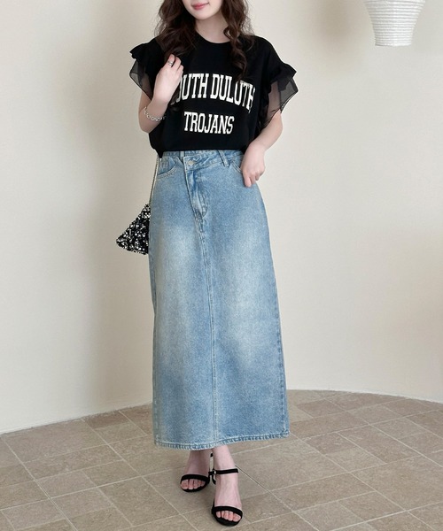 DAY CLOSET(デイ クローゼット)の「【接触冷感/脇見せ防止】ひんやり冷たい 半袖 シアー ダブル フリル カレッジ風 英字ロゴ Tシャツ レディース(Tシャツ/カットソー・レディース・グレイッシュベージュ/アイボリー/ブラック/グレー・L/M)」の16枚目の写真
