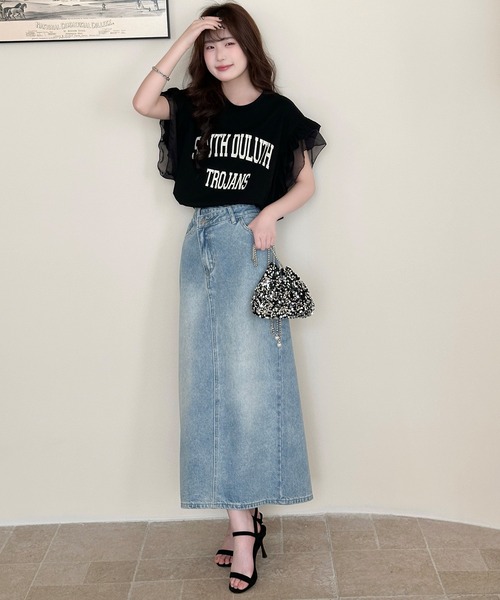 DAY CLOSET(デイ クローゼット)の「【接触冷感/脇見せ防止】ひんやり冷たい 半袖 シアー ダブル フリル カレッジ風 英字ロゴ Tシャツ レディース(Tシャツ/カットソー・レディース・グレイッシュベージュ/アイボリー/ブラック/グレー・L/M)」の18枚目の写真