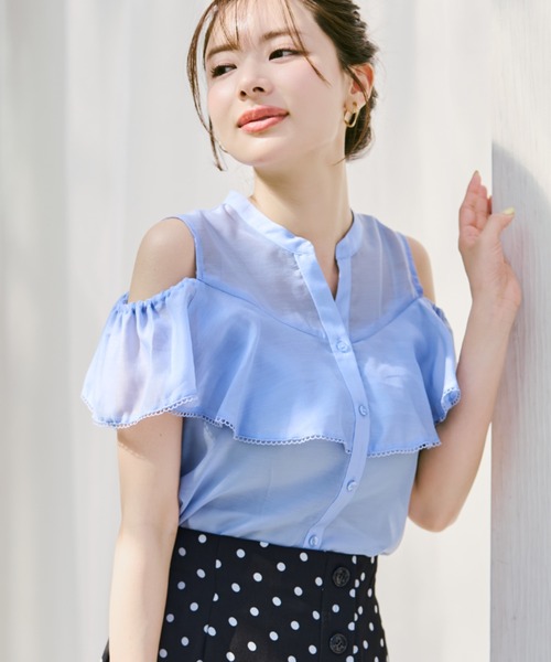 MISCH MASCH（ミッシュマッシュ）の「2026春夏新作 肩開きピコレースフリルブラウス（シャツ/ブラウス・レディース・ブラック/ホワイト/ブルー/オレンジ・ﾌﾘ-）」の3枚目の写真