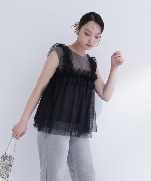 NATURAL BEAUTY BASIC（ナチュラルビューティーベーシック）の「チュールキャミドッキングカットソー（Tシャツ/カットソー・レディース・ホワイト系その他/グレー系その他/ベージュ系その他・ﾌﾘ-）」の7枚目の写真