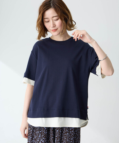 Petit Honfleur(プチオンフルール)の「レイヤード風カットプルオーバー【接触冷感・UVカット】(Tシャツ/カットソー・レディース・ネイビー/グレー・M/L)」の2枚目の写真