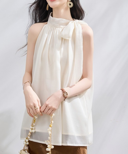 LUCPY(ラクピー)の「ドット柄ショルダーリボンブラウス(シャツ/ブラウス・レディース・ピンク/ホワイト・MEDIUM/SMALL/X-LARGE/LARGE)」の4枚目の写真