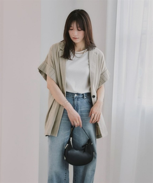 slattgir(スラットジール)の「高身長 オーバーサイズ半袖ジャケット(トールサイズ)Essenave(テーラードジャケット・レディース・ベージュ系/グレー系・TM/TL/TLL/T3L)」の5枚目の写真