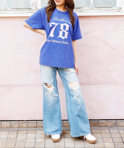 attagirl（アタガール）の「ウォッシュ加工オーバーサイズナンバープリントTシャツ（Tシャツ/カットソー・レディース・ブラック/ピンク/ブルー・M/L）」の10枚目の写真