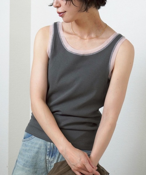 gossara(ゴサラ)の「【一枚でもインナーでも活躍】リブ×チュールトリミングタンク(タンクトップ・レディース・ライトベージュ/アイボリー/チャコールグレー/ブラウン・FREE)」の13枚目の写真