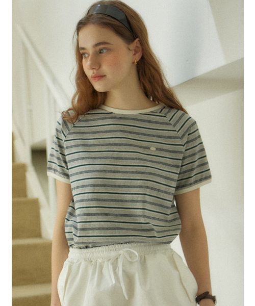 OURHOPE(アワーホープ)の「ヘリーストライプラグランTシャツ - メランジグレー(Tシャツ/カットソー・レディース・チャコールグレー・FREE)」の2枚目の写真