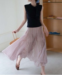 ピンクチェック柄シアーフレアスカート