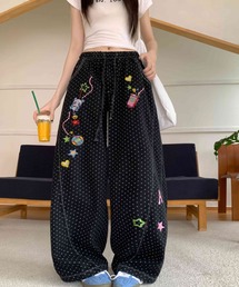 ウォッシュ加工 ヴィンテージ風 ドット柄 キャラクタープリント デニム ワイドパンツ