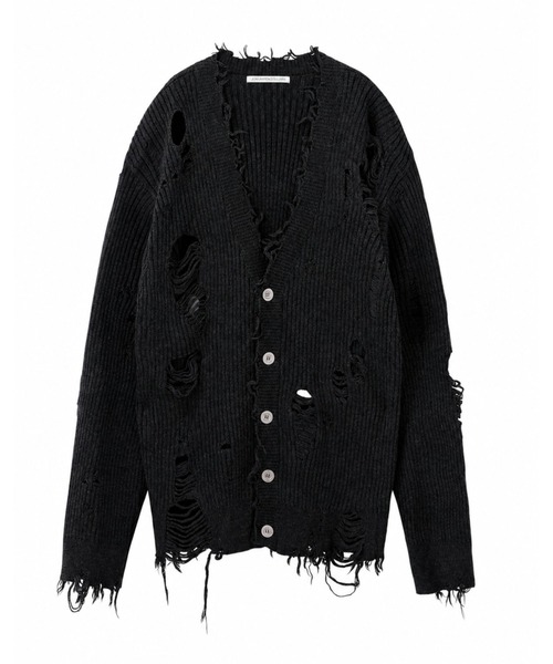 JOHN LAWRENCE SULLIVAN(ジョンローレンスサリバン)の「DAMAGED RIB KNIT CARDIGAN(ニット/セーター・メンズ・ブラック・MEDIUM/SMALL)」の1枚目の写真