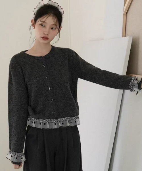 Teem Store(チームストア)の「ドットチュールフリルドッキング クルーネックニットカーディガン(ニット/セーター・レディース・ホワイト/グレー/ダークグレー・M)」の16枚目の写真