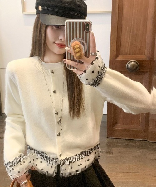 Teem Store(チームストア)の「ドットチュールフリルドッキング クルーネックニットカーディガン(ニット/セーター・レディース・ホワイト/グレー/ダークグレー・M)」の5枚目の写真