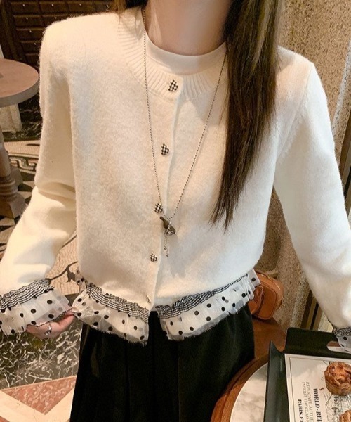 Teem Store(チームストア)の「ドットチュールフリルドッキング クルーネックニットカーディガン(ニット/セーター・レディース・ホワイト/グレー/ダークグレー・M)」の20枚目の写真