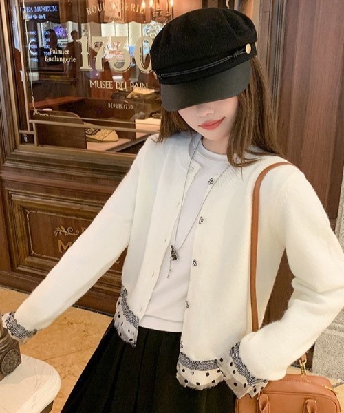 Teem Store(チームストア)の「ドットチュールフリルドッキング クルーネックニットカーディガン(ニット/セーター・レディース・ホワイト/グレー/ダークグレー・M)」の6枚目の写真